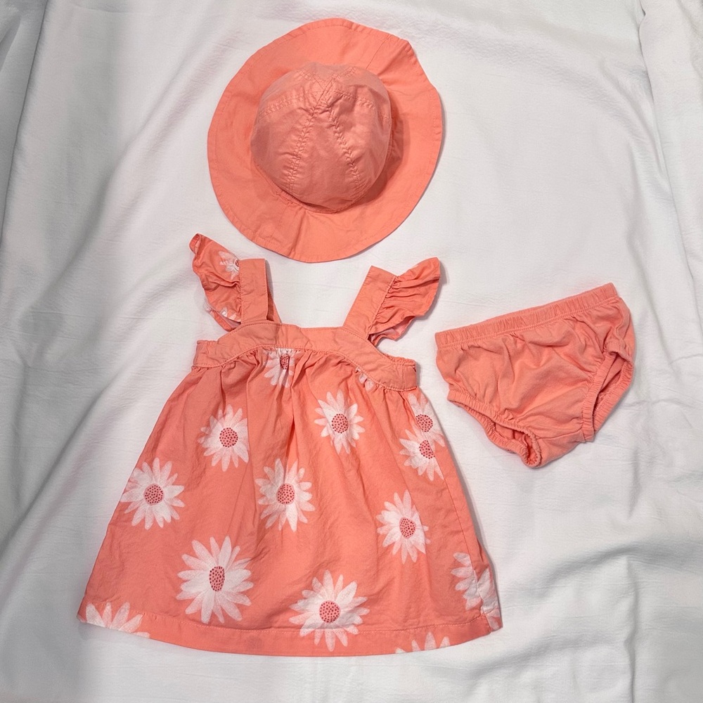 Carter's Coral Pink Daisy Dress, Hat & Bloomers
